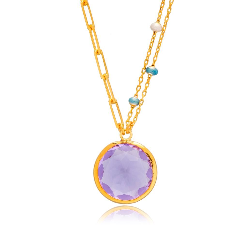 Round Purple Quartz Blue Enamel Gold Bezel Silver Necklace