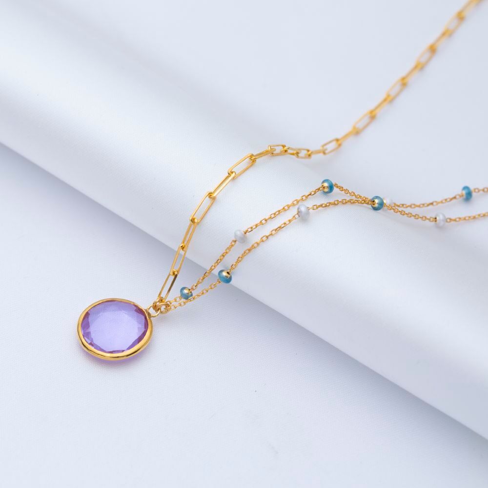 Round Purple Quartz Blue Enamel Gold Bezel Silver Necklace