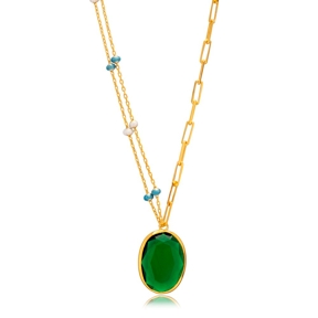 Oval Emerald Quartz Blue Enamel Gold Bezel Silver Necklace