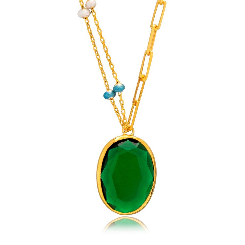 Oval Emerald Quartz Blue Enamel Gold Bezel Silver Necklace