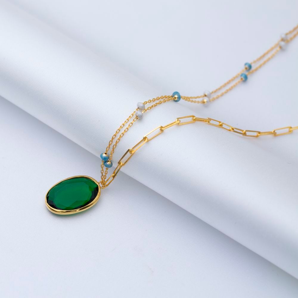 Oval Emerald Quartz Blue Enamel Gold Bezel Silver Necklace