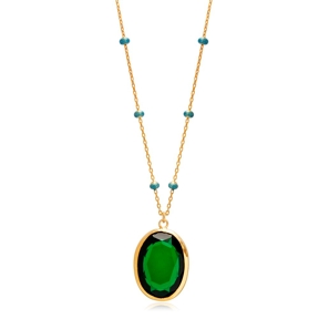 Forse Chain Oval Emerald Quartz Blue Enamel Bezel Silver Necklace