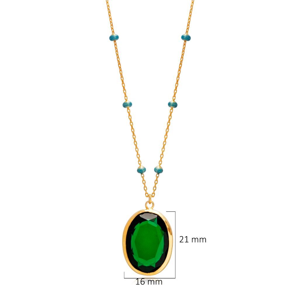 Forse Chain Oval Emerald Quartz Blue Enamel Bezel Silver Necklace