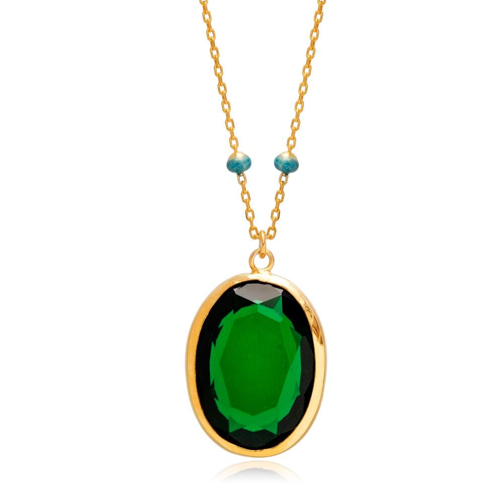 Forse Chain Oval Emerald Quartz Blue Enamel Bezel Silver Necklace