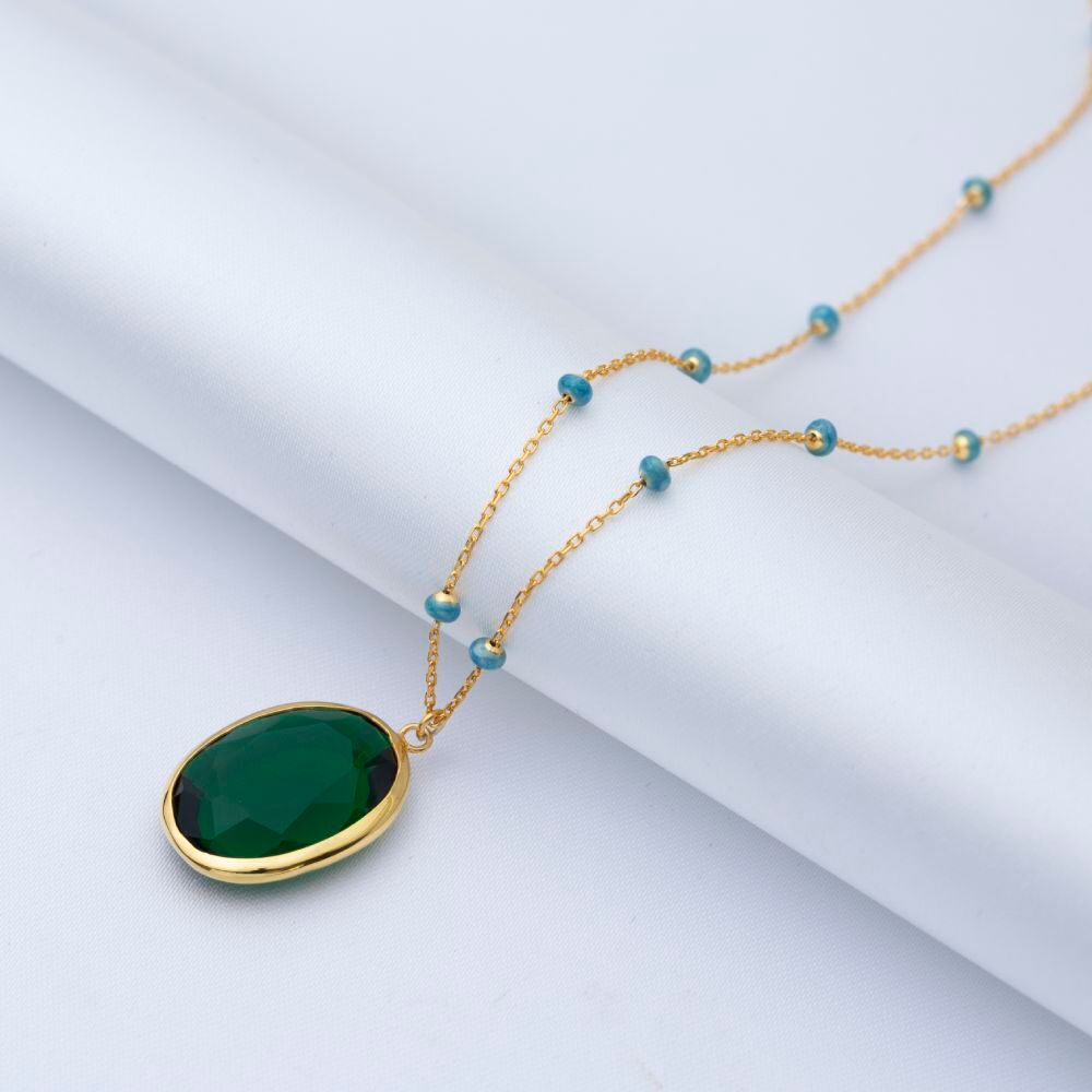 Forse Chain Oval Emerald Quartz Blue Enamel Bezel Silver Necklace