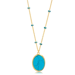 Oval Turquoise Stone Blue Enamel Bezel Silver Forse Chain Necklace