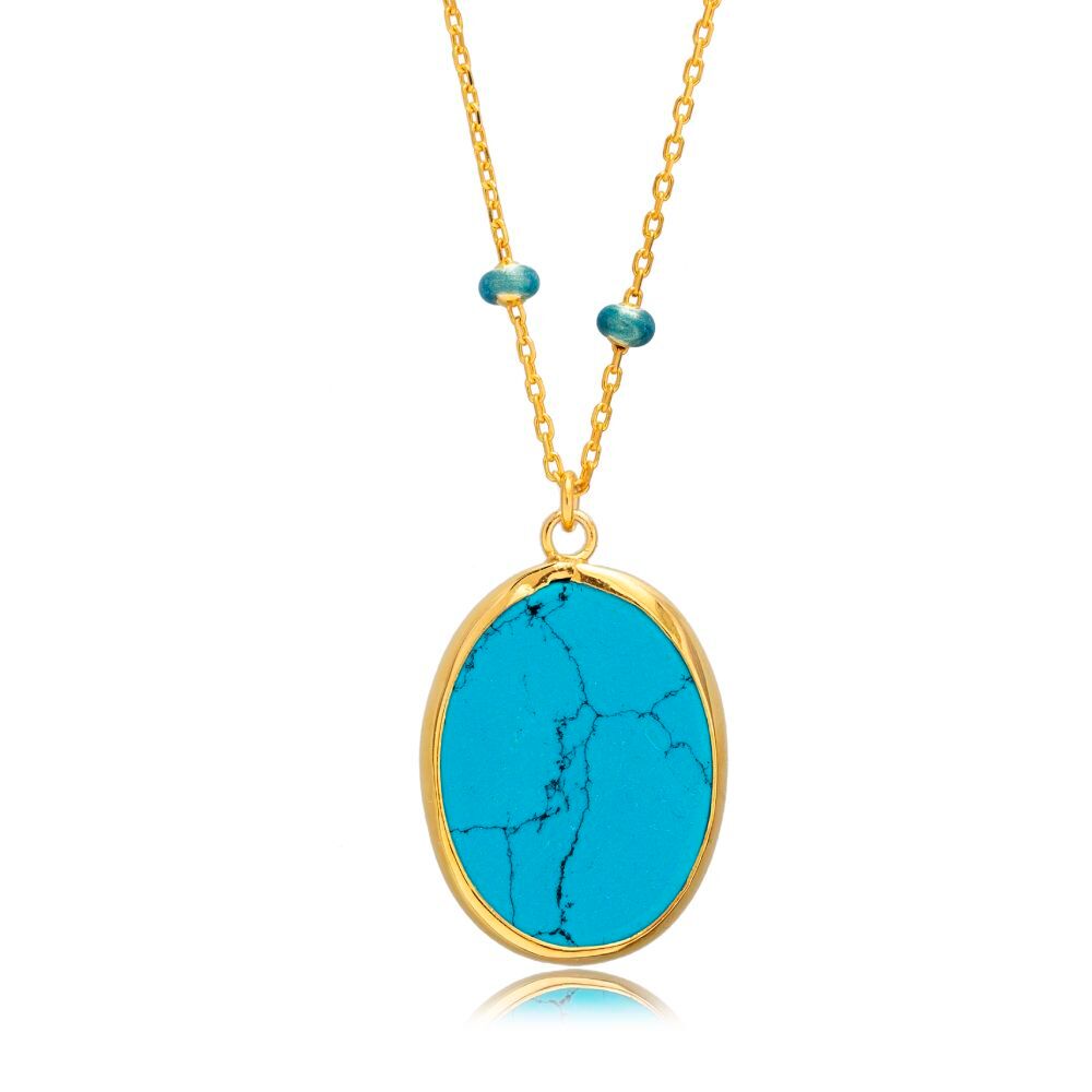 Oval Turquoise Stone Blue Enamel Bezel Silver Forse Chain Necklace