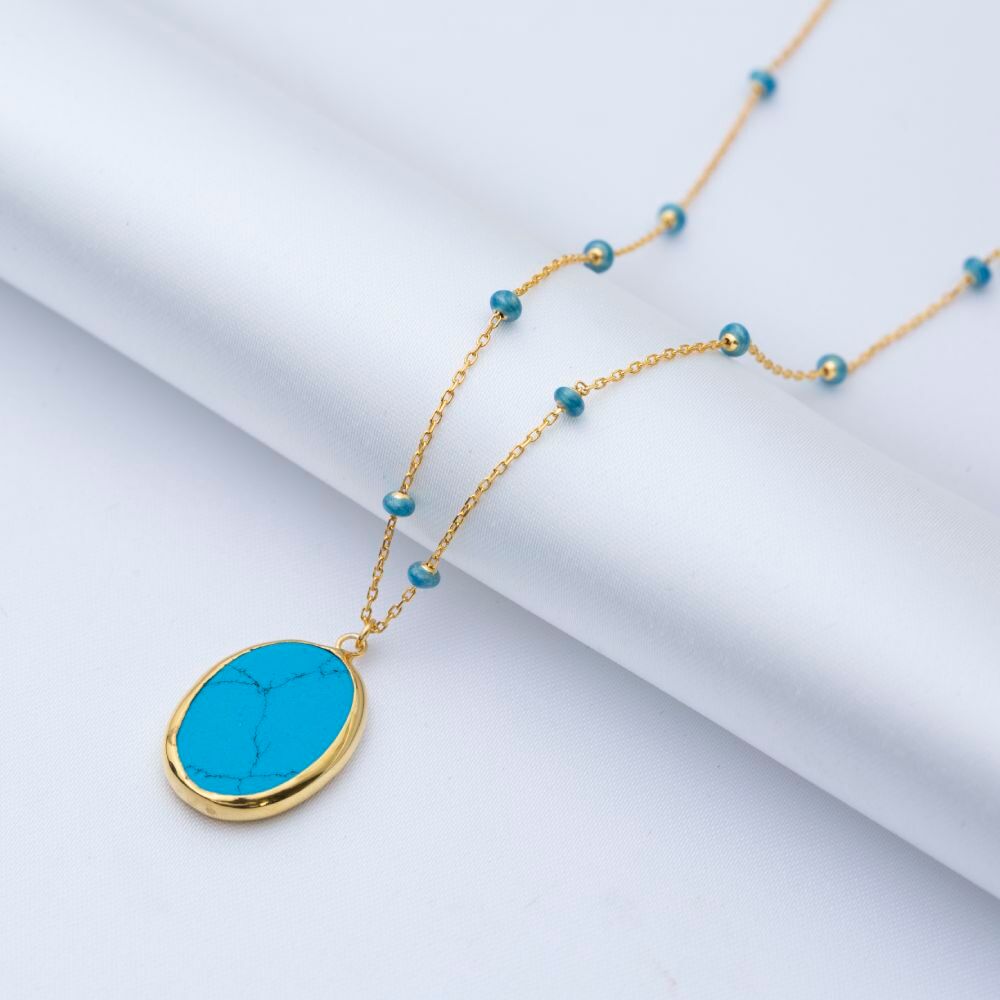 Oval Turquoise Stone Blue Enamel Bezel Silver Forse Chain Necklace