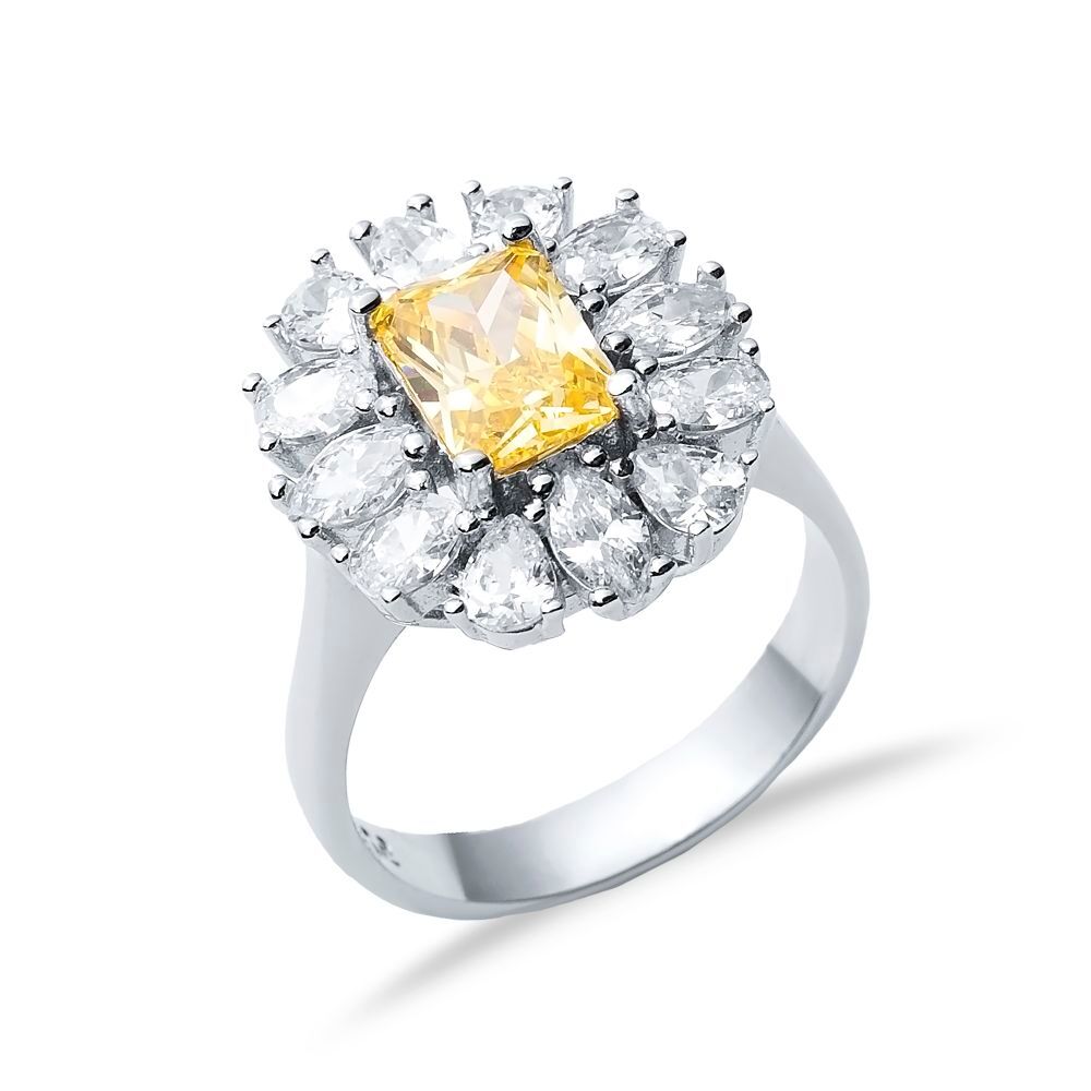 Rectangle Citrine CZ Stone Wholesale 925 Silver Cluster Ring