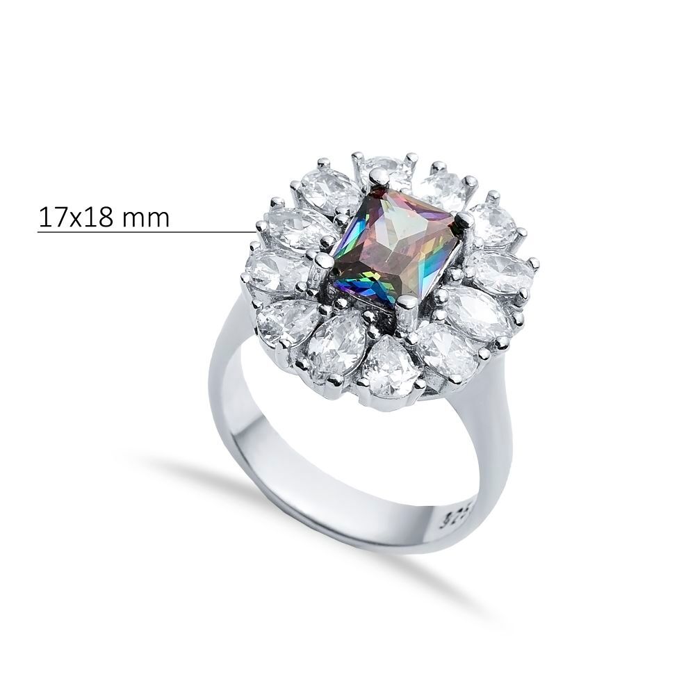 Rectangle Mystic Topaz CZ Stone 925 Silver Cluster Ring