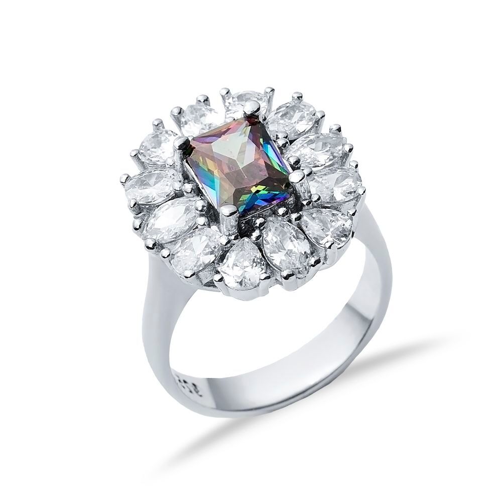 Rectangle Mystic Topaz CZ Stone 925 Silver Cluster Ring