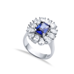 Rectangle Sapphire CZ Stone Wholesale 925 Silver Cluster Ring