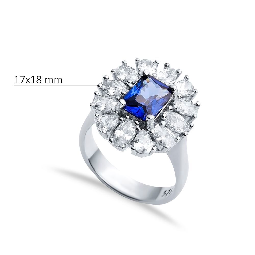 Rectangle Sapphire CZ Stone Wholesale 925 Silver Cluster Ring