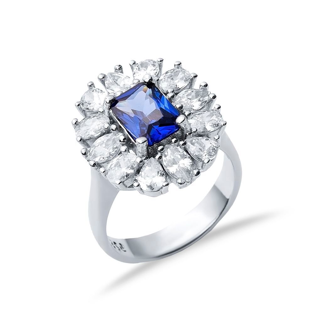 Rectangle Sapphire CZ Stone Wholesale 925 Silver Cluster Ring