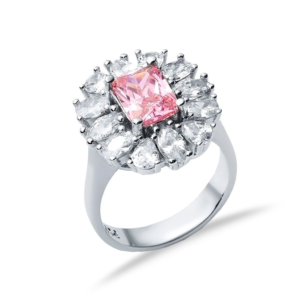 Rectangle Pink CZ Stone Wholesale 925 Silver Cluster Ring