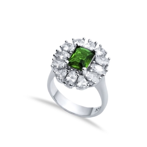 Rectangle Emerald CZ Stone Wholesale 925 Silver Cluster Ring