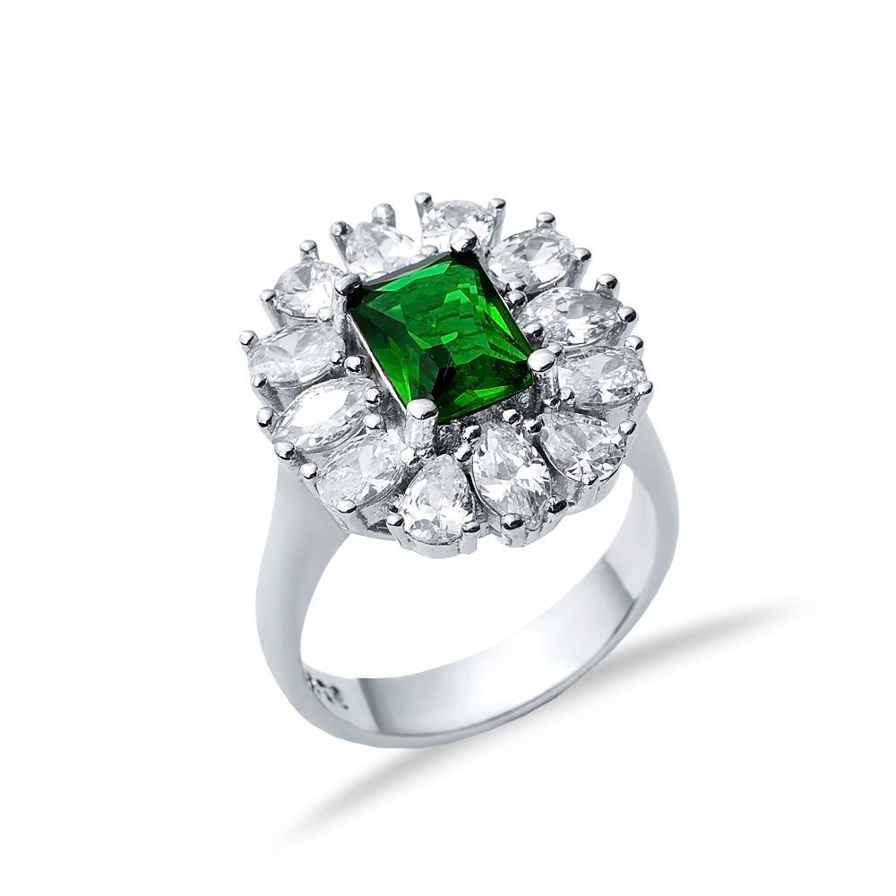 Rectangle Emerald CZ Stone Wholesale 925 Silver Cluster Ring