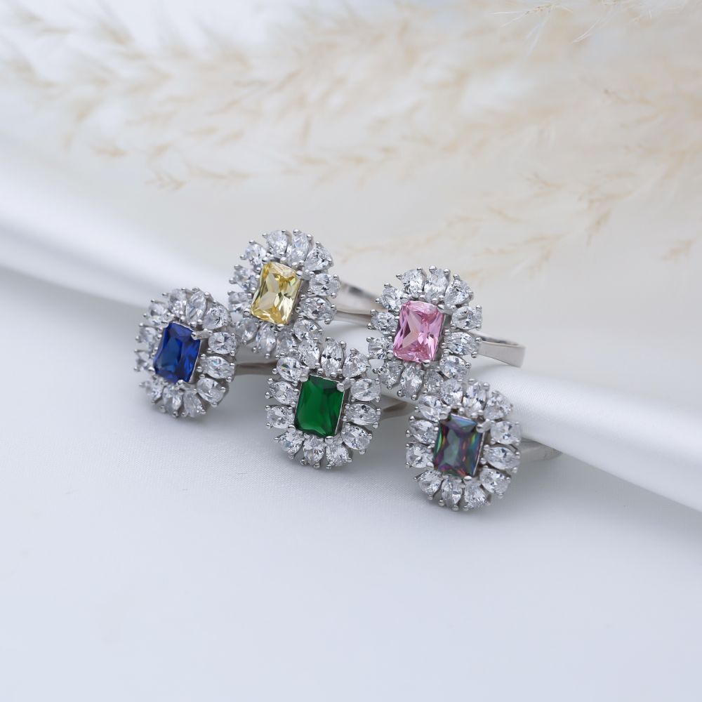 Rectangle Emerald CZ Stone Wholesale 925 Silver Cluster Ring