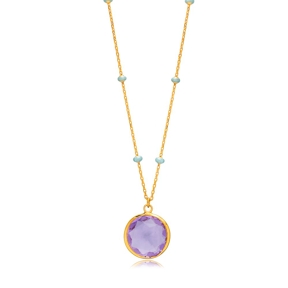 Round Purple Quartz Blue Enamel Gold Silver Forse Chain Necklace