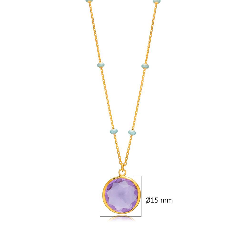 Round Purple Quartz Blue Enamel Gold Silver Forse Chain Necklace