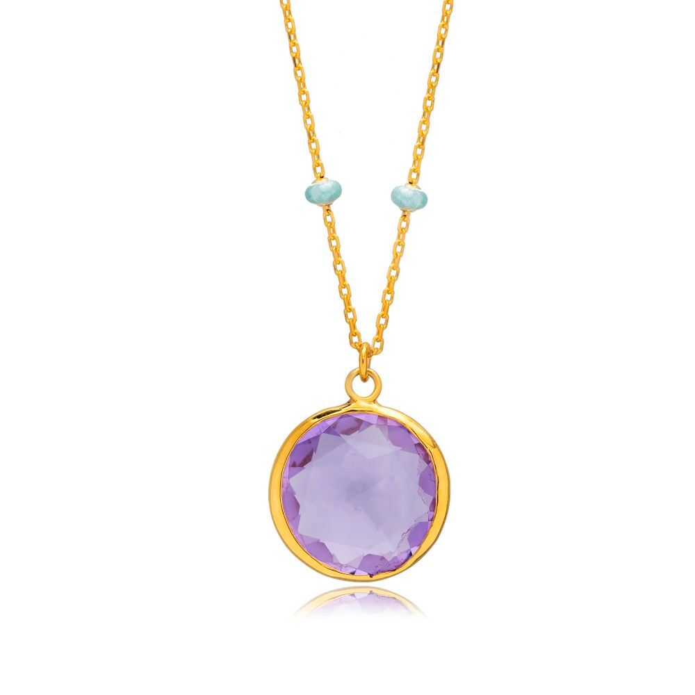 Round Purple Quartz Blue Enamel Gold Silver Forse Chain Necklace