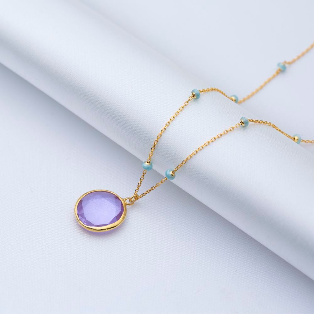 Round Purple Quartz Blue Enamel Gold Silver Forse Chain Necklace