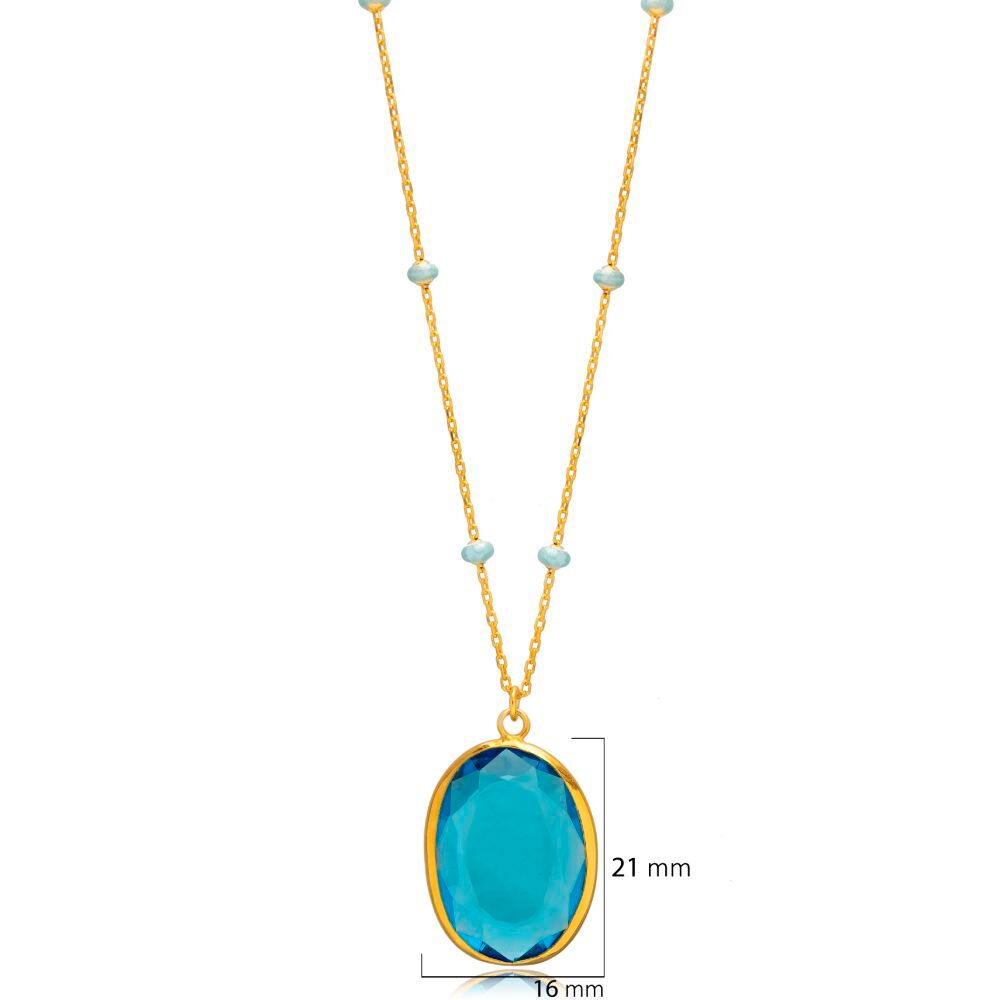 Forse Chain Oval Aquamarine Stone Blue Enamel Bezel Silver Necklace