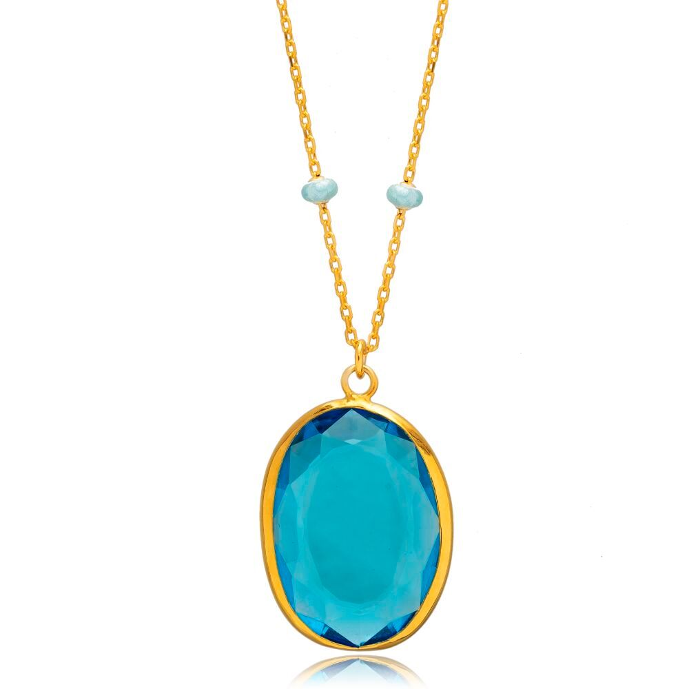 Forse Chain Oval Aquamarine Stone Blue Enamel Bezel Silver Necklace