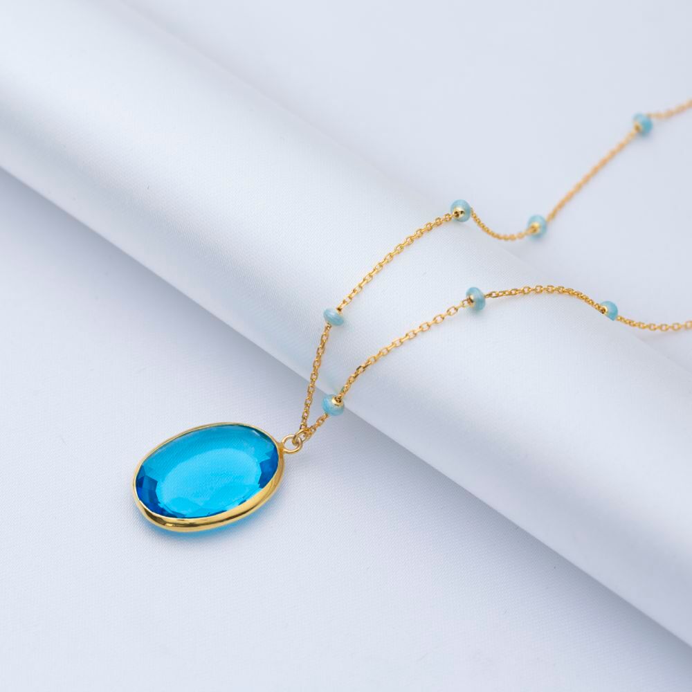 Forse Chain Oval Aquamarine Stone Blue Enamel Bezel Silver Necklace