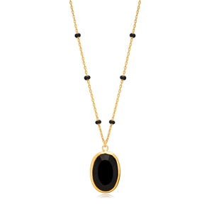 Oval Black Quartz Black Enamel Bezel 925 Silver Necklace