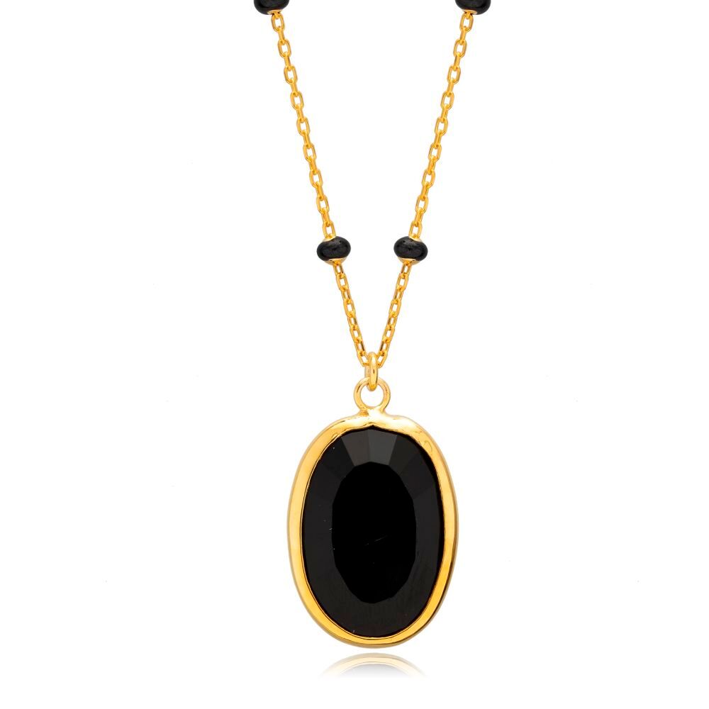 Oval Black Quartz Black Enamel Bezel 925 Silver Necklace