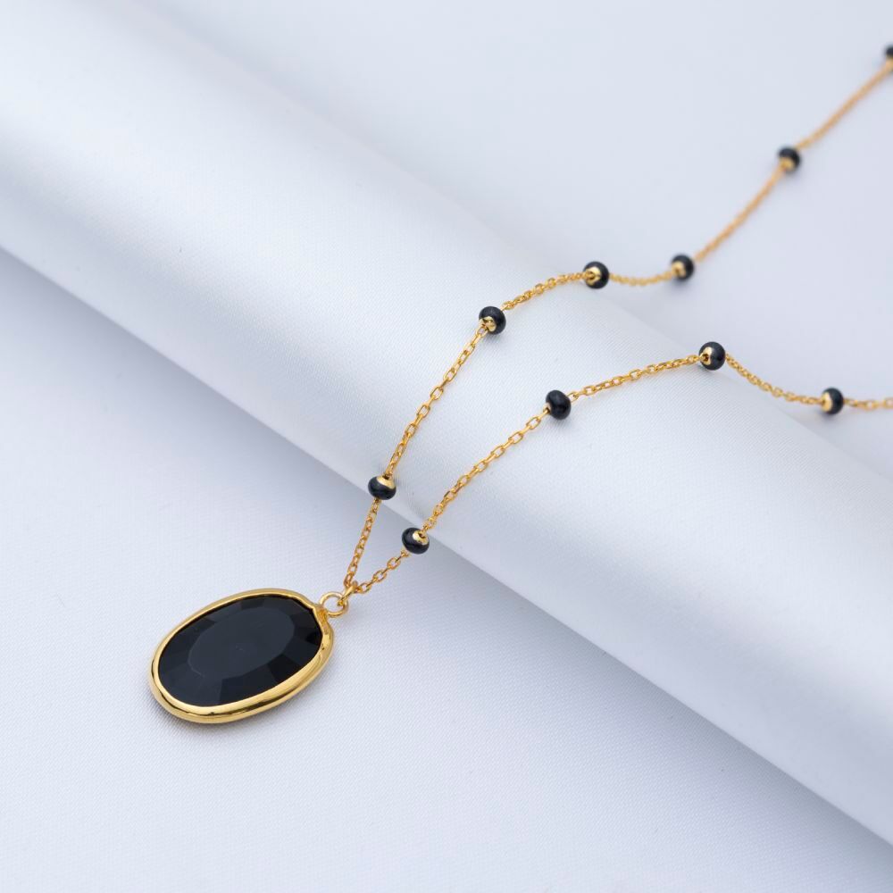 Oval Black Quartz Black Enamel Bezel 925 Silver Necklace