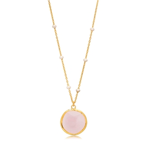 Round Pink Quartz White Enamel Bezel 925 Silver Necklace