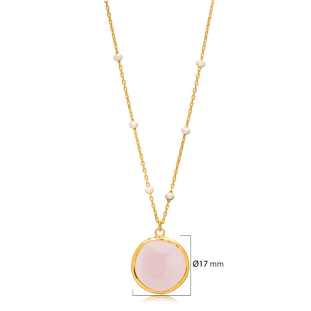 Round Pink Quartz White Enamel Bezel 925 Silver Necklace