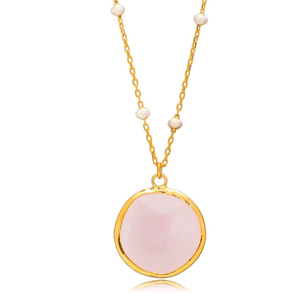 Round Pink Quartz White Enamel Bezel 925 Silver Necklace