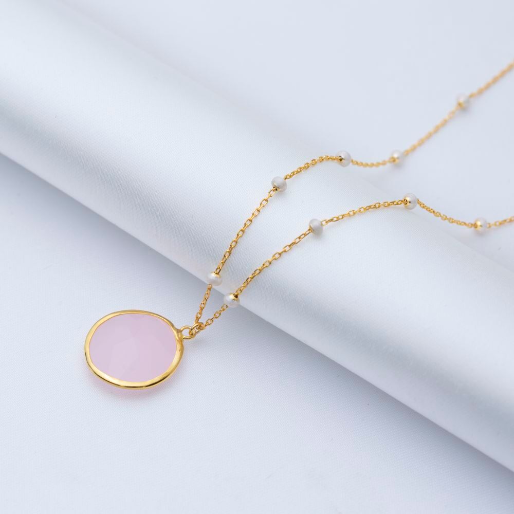 Round Pink Quartz White Enamel Bezel 925 Silver Necklace