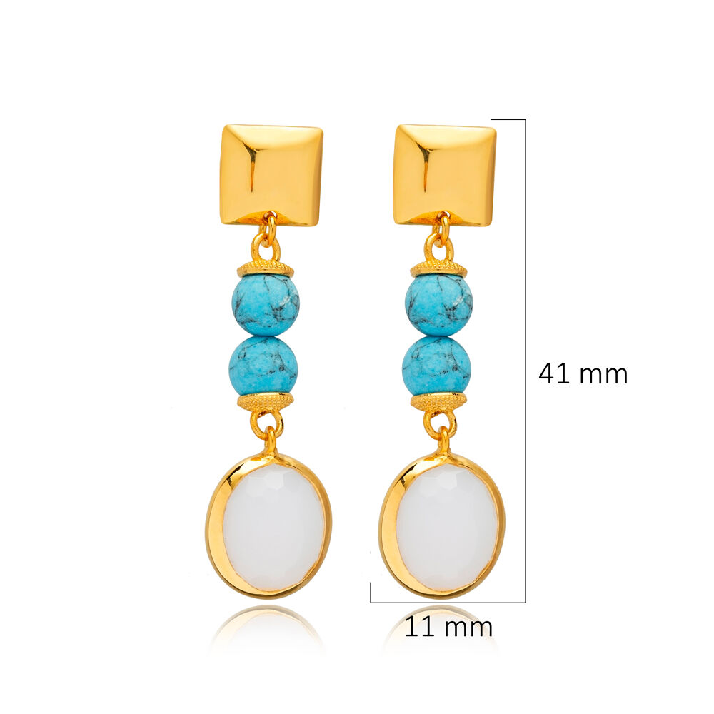 White Quartz Stone Blue Beaded 925 Silver Hook Earrings