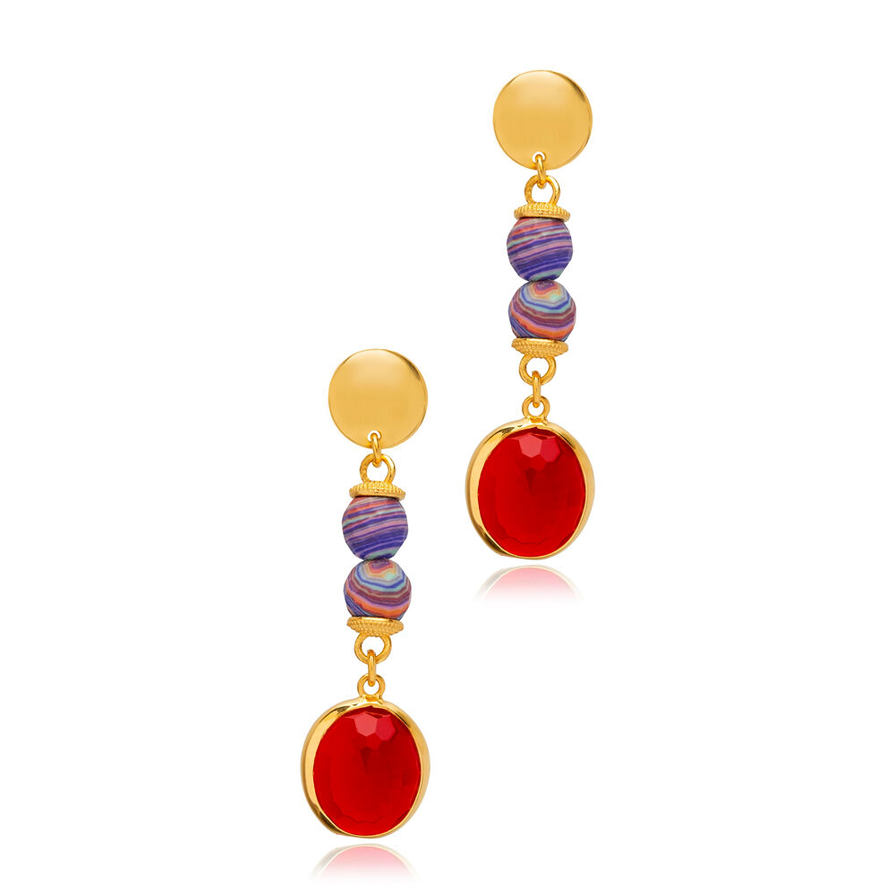 Ruby Quartz Stone Colorful Beaded 925 Silver Hook Earrings