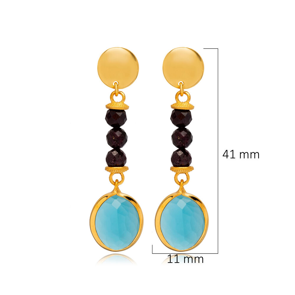 Aquamarine Quartz Stone Black Beaded 925 Silver Hook Earrings