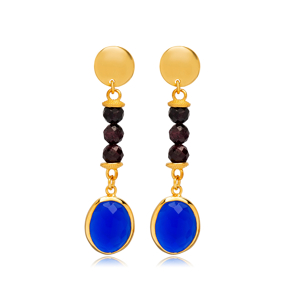 Sapphire Quartz Stone Black Beaded 925 Silver Hook Earrings