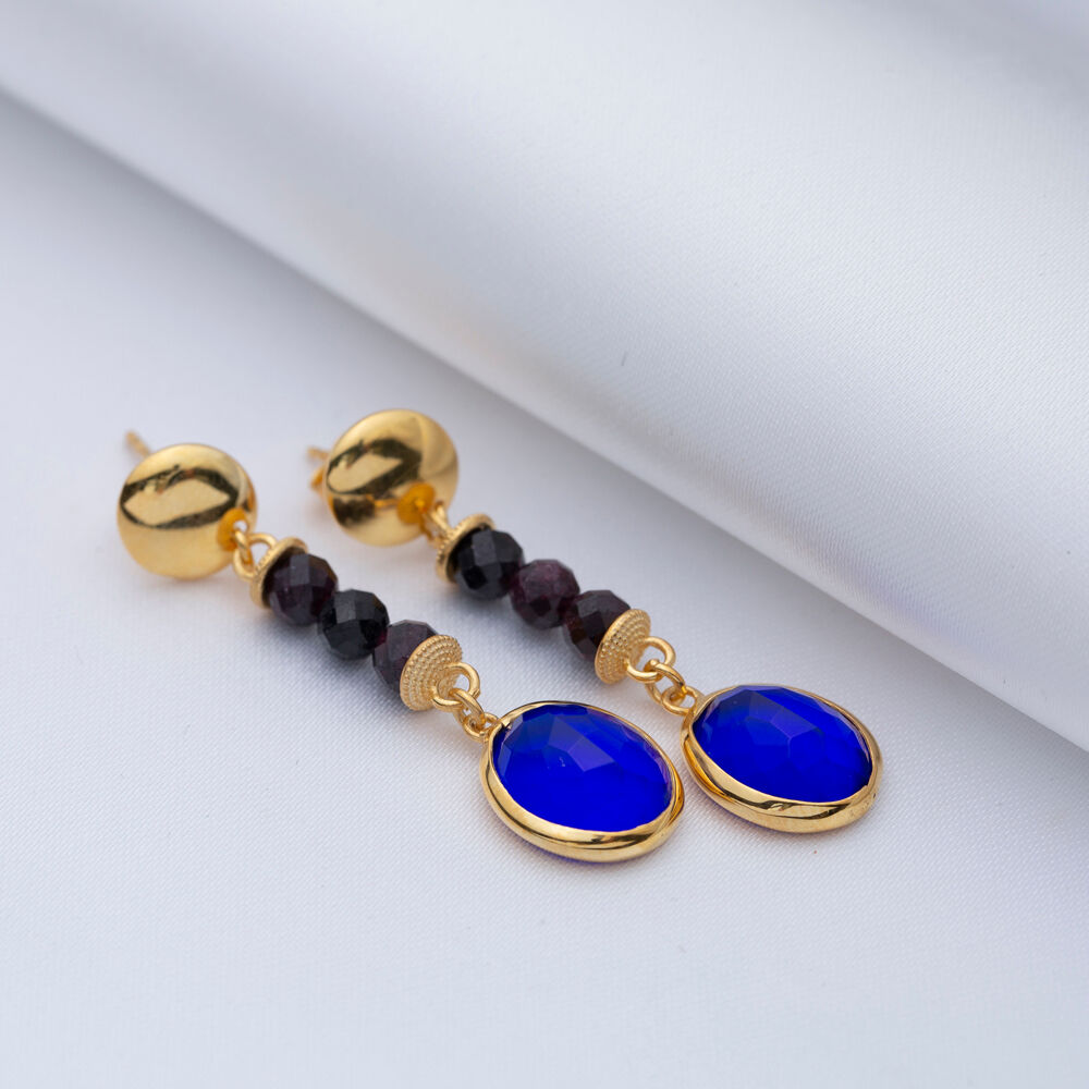 Sapphire Quartz Black Beaded Long Earrings