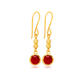 Garnet Quartz Round Gold Bezel 925 Silver Hook Earring