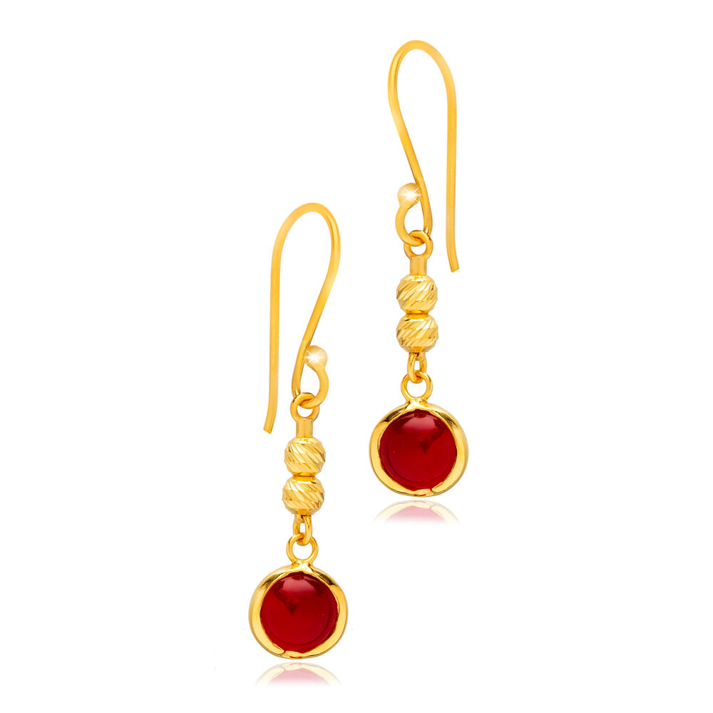 Garnet Quartz Round Gold Bezel 925 Silver Hook Earring