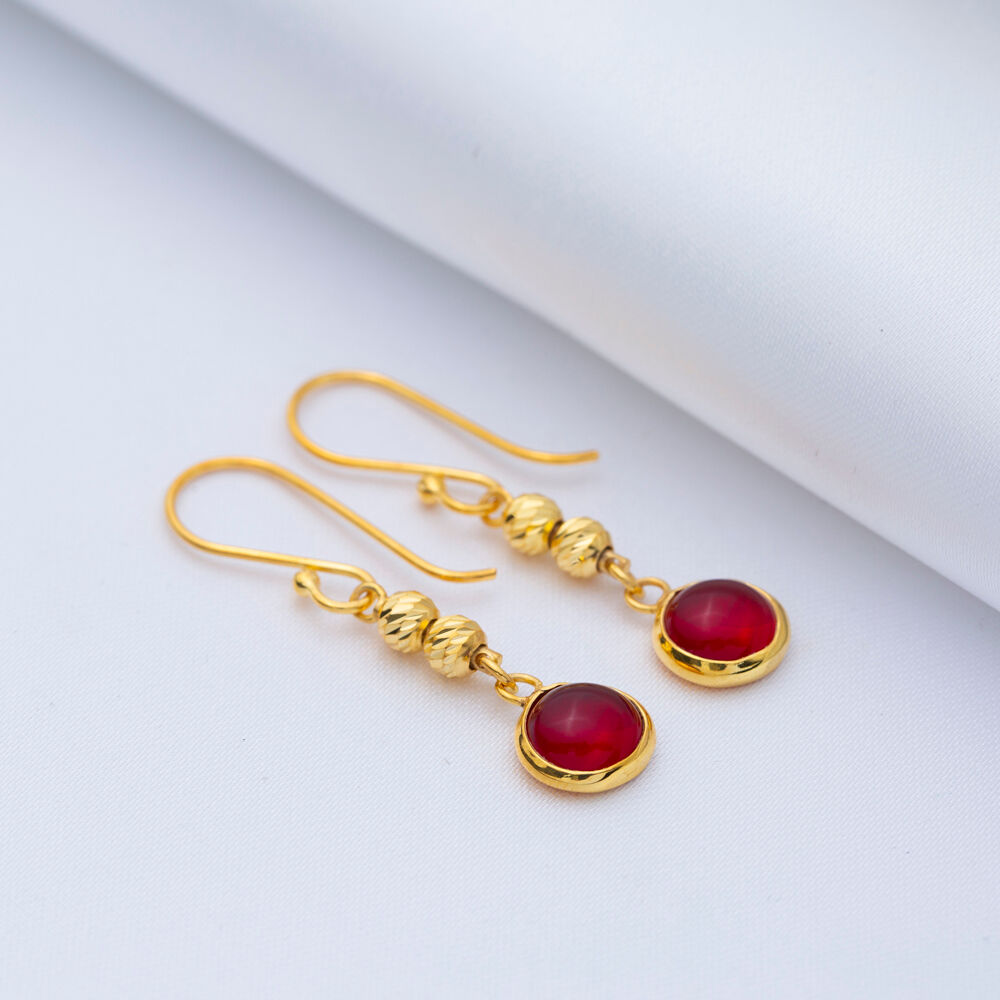 Garnet Quartz Round Gold Bezel 925 Silver Hook Earring