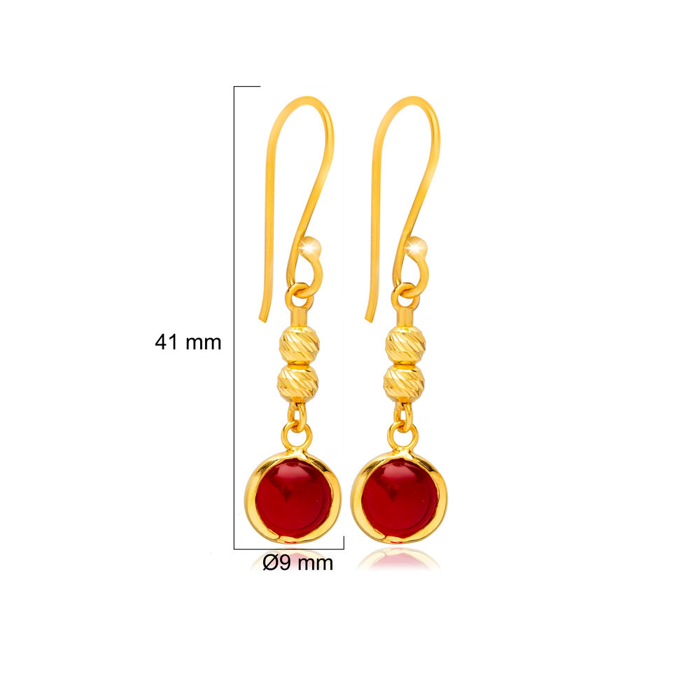 Garnet Quartz Round Gold Bezel 925 Silver Hook Earring