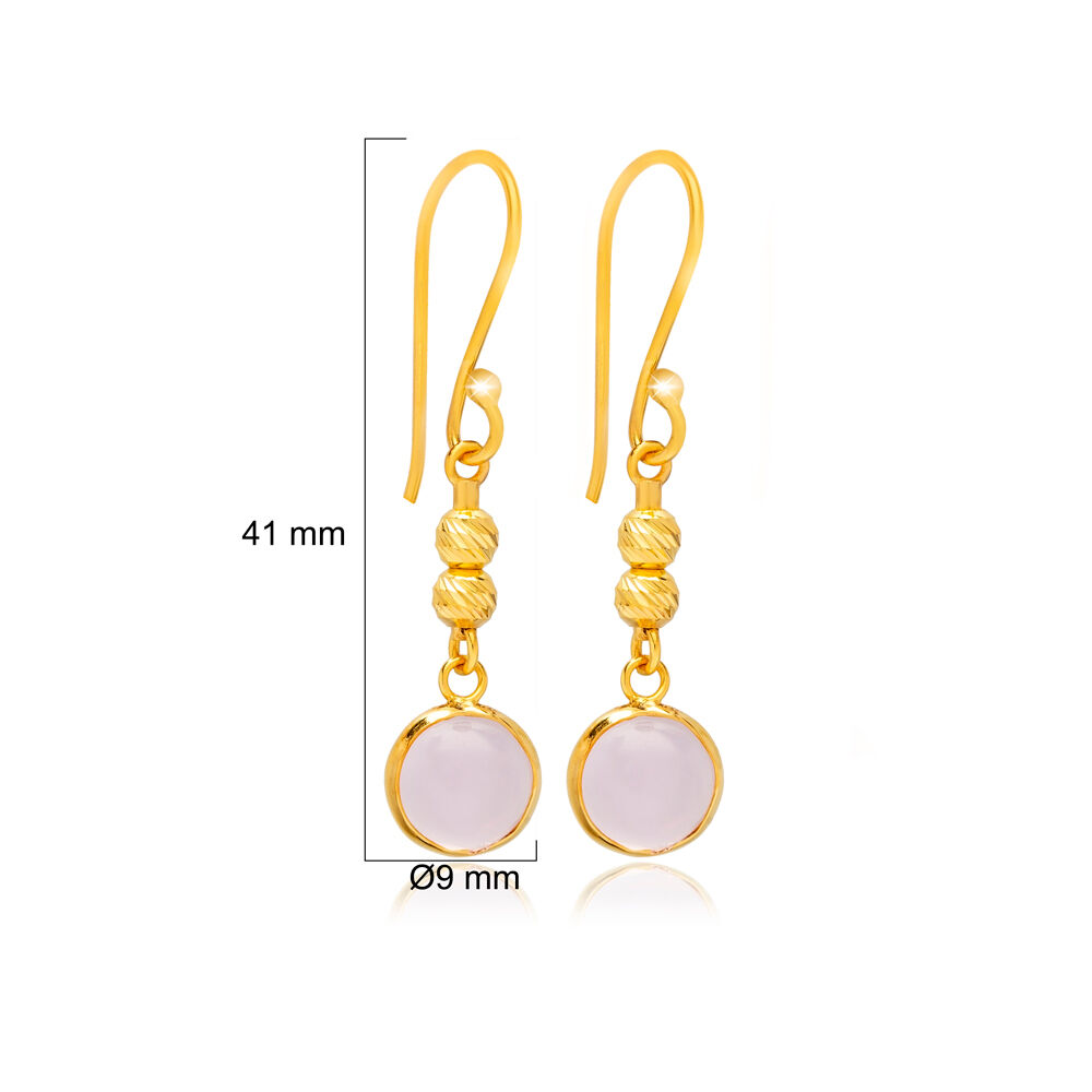 White Quartz Round Stone Turkish 925 Silver Hook Earrings