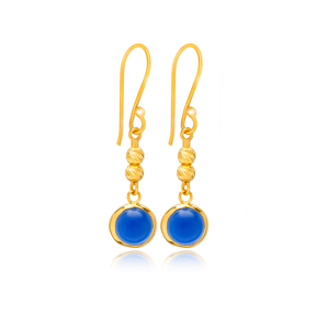 Sapphire Quartz Round Gold Bezel 925 Silver Hook Earring