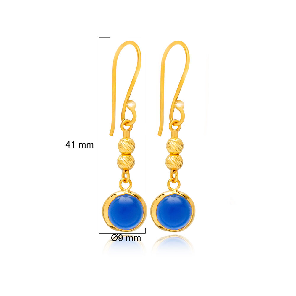 Sapphire Quartz Round Gold Bezel 925 Silver Hook Earring