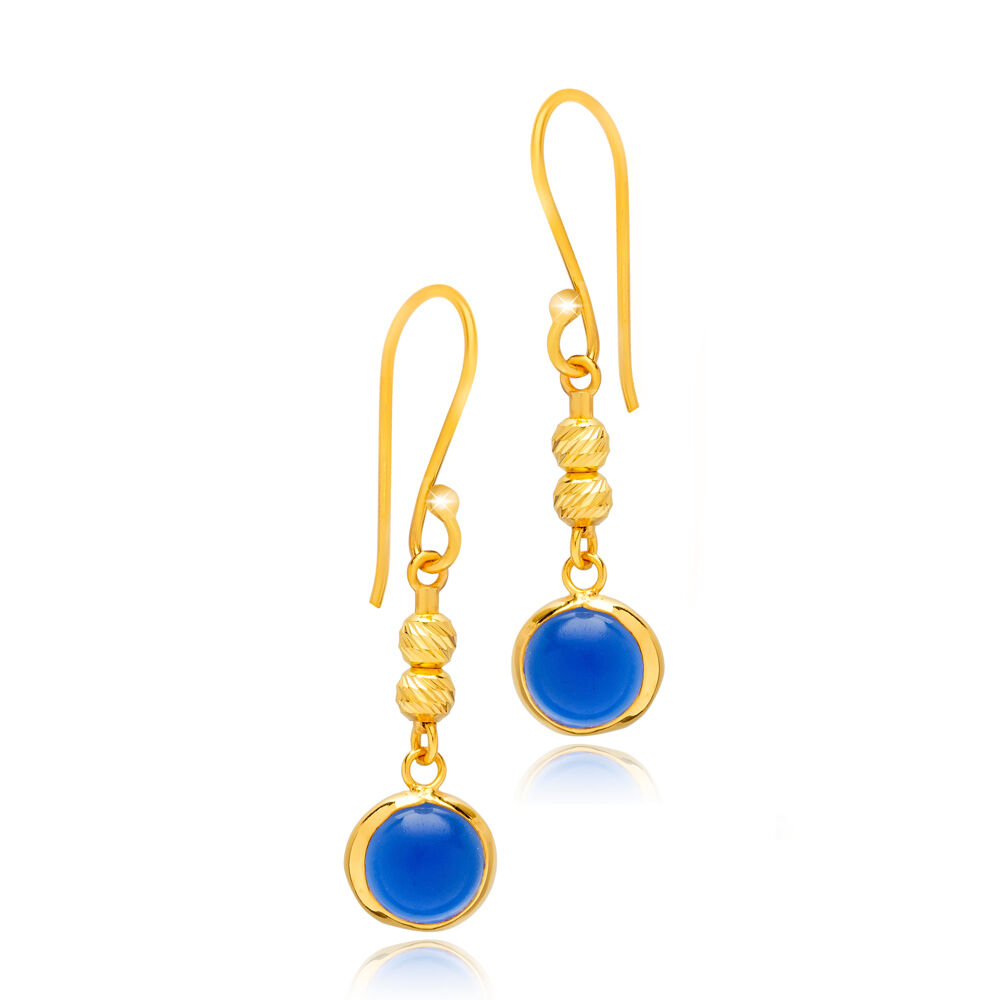 Sapphire Quartz Round Gold Bezel 925 Silver Hook Earring