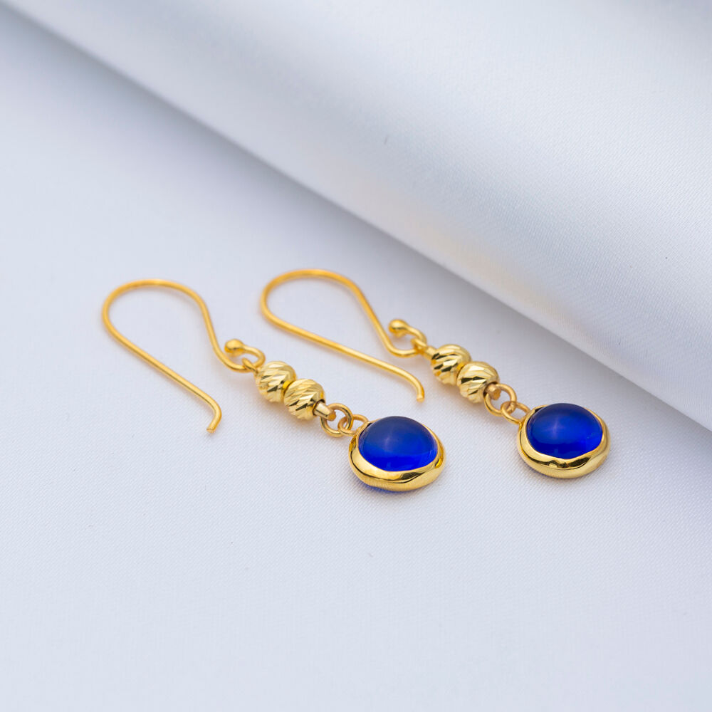 Sapphire Quartz Round Gold Bezel 925 Silver Hook Earring